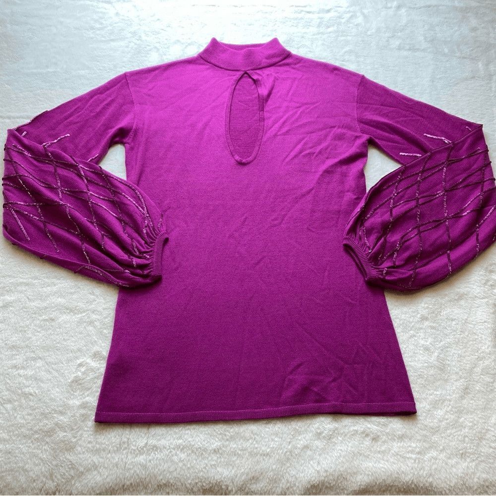 Worth New York Women's XS 100% Wool Magenta Sequin Balloon Sleeve Sweater Top